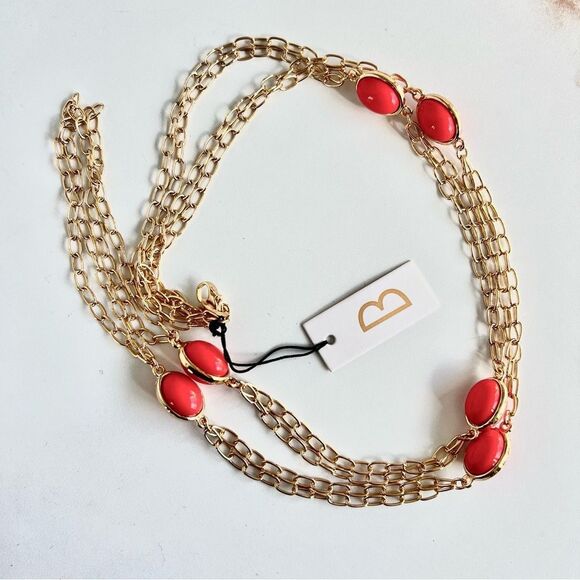 Bancroft Long Double Gold Tone Chain Bezel Set Orange Coral Bead Necklace NWT - Picture 2 of 2